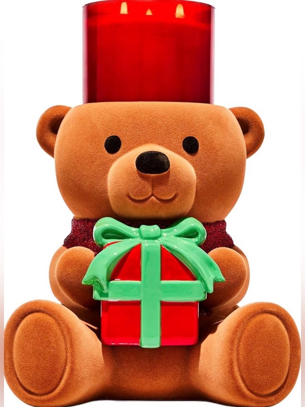 Fuzzy bear w/ Christmas present 3 wick candle holder